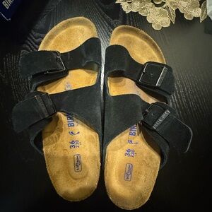 Birkenstock Arizona black suede slide sandals